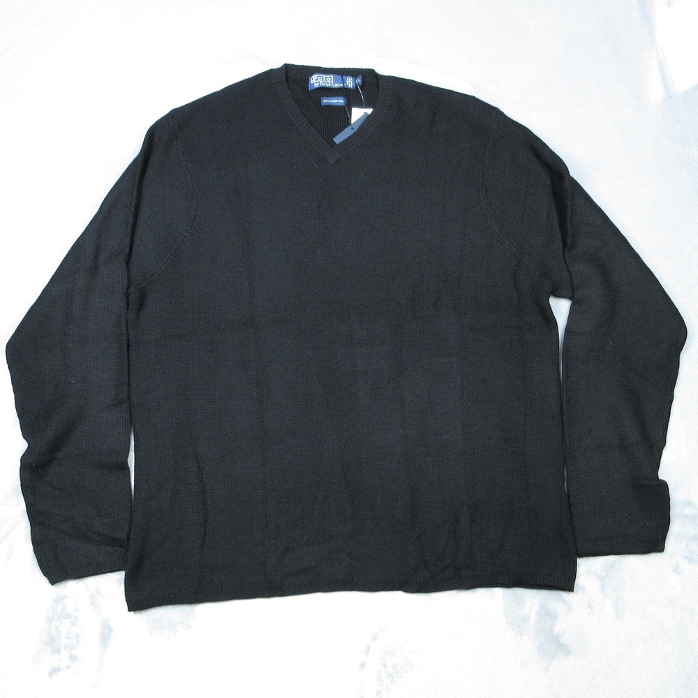 Polo Ralph Lauren Sweater Mens XL Black 100% Merino Wool V Neck Pullover Knit